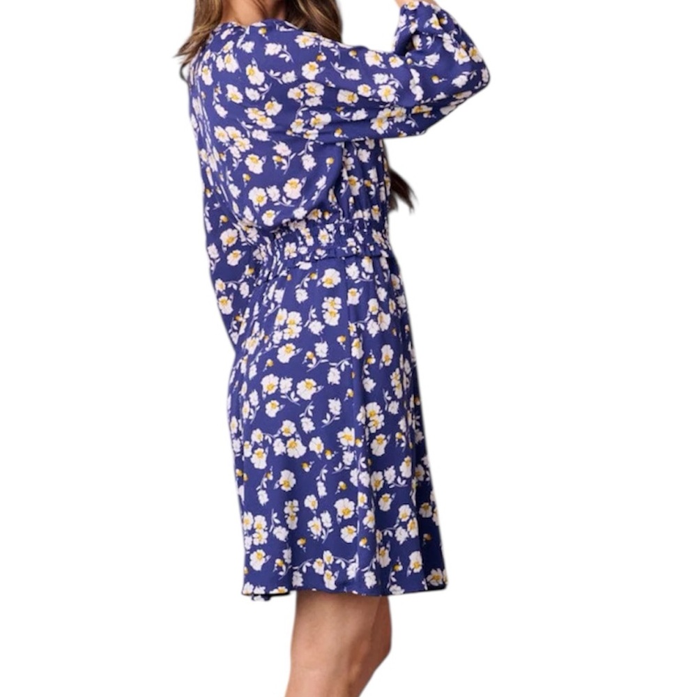 Women’s Floral 3/4 Sleeve V-Neck Blue Dress - Picture 2 of 2